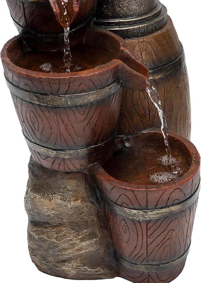 Alpine Corporation ZEN403S Indoor/Outdoor Floor Vintage Farmhouse Barrel Fountain, Rustic Waterfall for Garden, 24", Brown