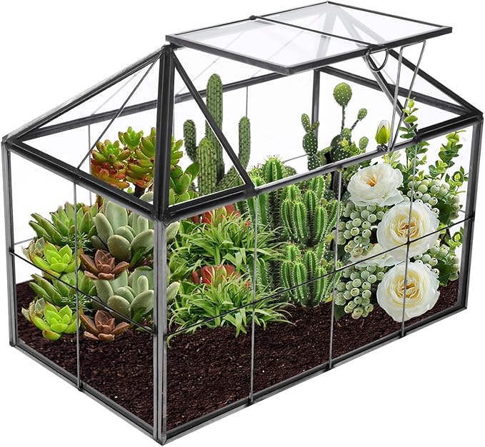 HighFree Geometric Terrarium Planter with Swing Lid, House Shape Black Handmade Glass Box, Vintage Tabletop Miniature Terrarium, for Succulent, Cacti, Air Plants (Not Watertight - 9.2x5.5x7.3 inch)