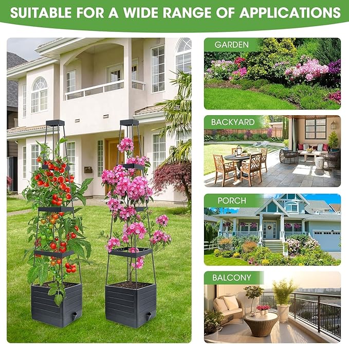 Raised Garden Bed Planter Box with Trellis, 58β Tomato Cage Planter Raised Garden Bed with Trellis for Climbing Vegetables Plants Tomato Cage w/Self-Watering, Indoor Outdoor Use (4)