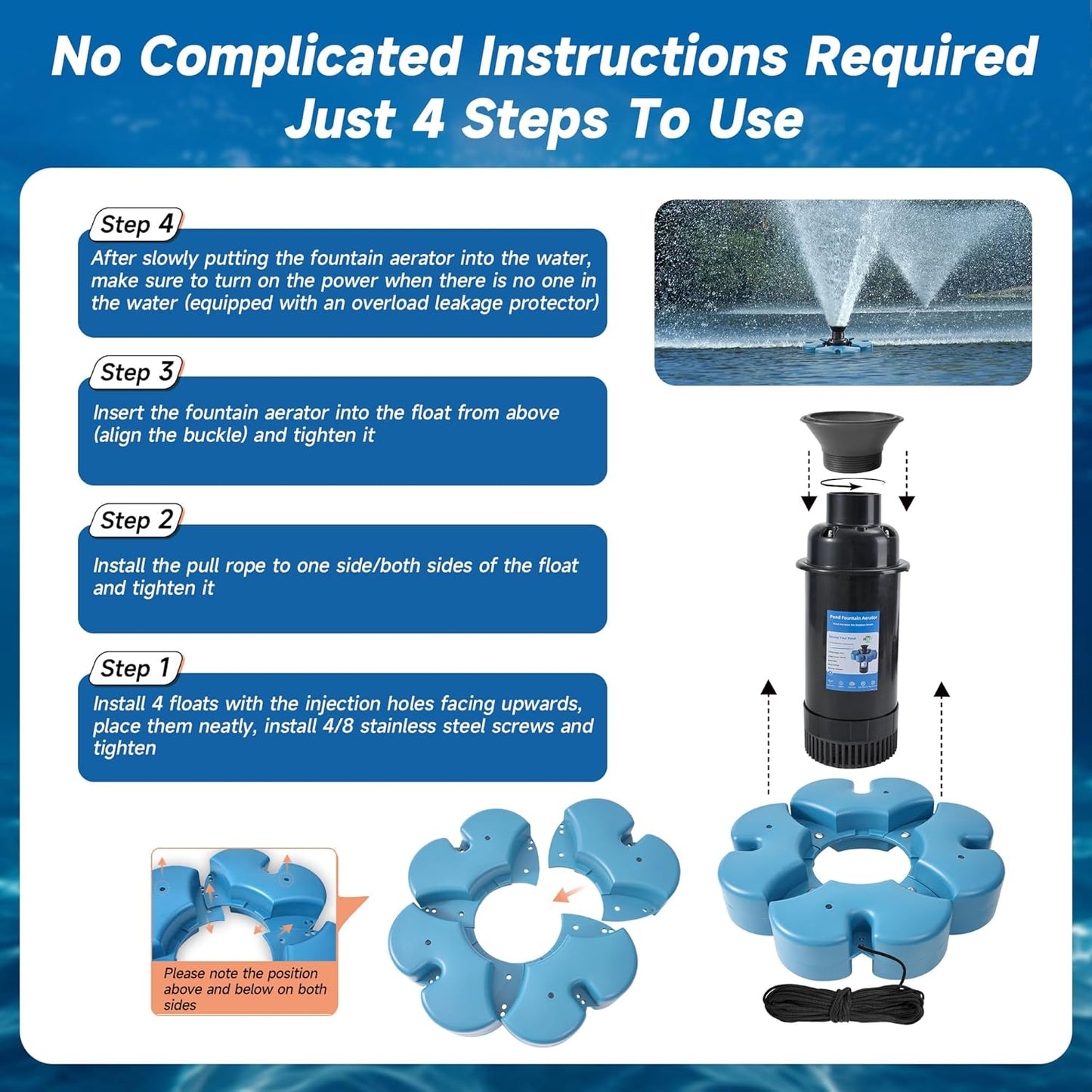Pond Fountain Aerator, 1HP 110V 15000 GPH Fountain Pump, Fully Automatic Powerful Lake Floating Fountain, 100 FT Power Cord, 2x100 FT Traction Rope, Pond Fountains For Large Ponds