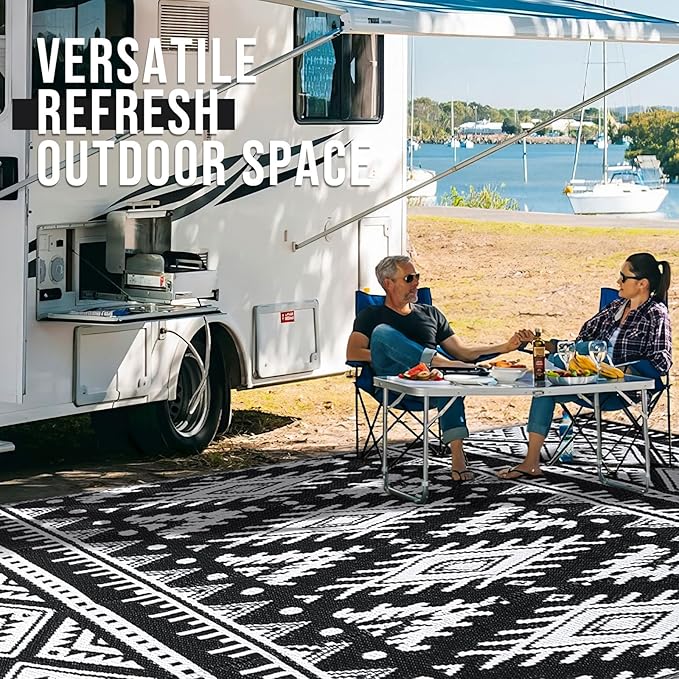 OLANLY Outdoor Rug Waterproof 6x9 ft, Reversible Outdoor Plastic Straw Rug, Boho Patio Rug, Indoor Outdoor Carpet, RV Mat Outside for Patio, Camp, Picnic, Balcony, Deck, Backyard, Black & White