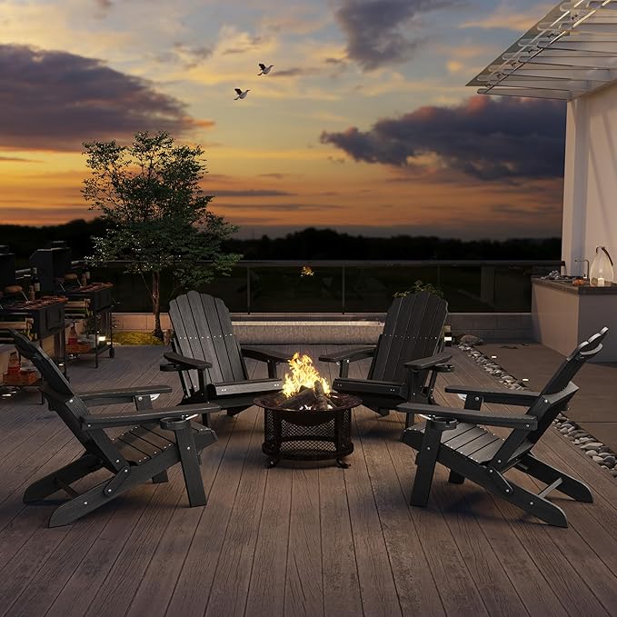 Adjustable Backrest Folding Adirondack Chair Set of 2, Adirondack Chair with Ottoman, Weather Resistant Fire Pit Chair with 2 Cup Holders, for Porch Backyard Outdoor Lawn Pool Deck Beach, Black