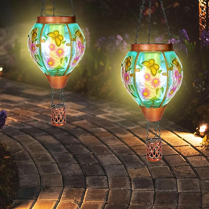 2 Pack Solar Hot Air Balloon Lantern with Flame, Butterfly Glass Outdoor Solar Lanterns for Outside Hanging Farmhouse Patio Pathway Decor, Butterfly Gifts for Women Grandma Mom - Butterfly