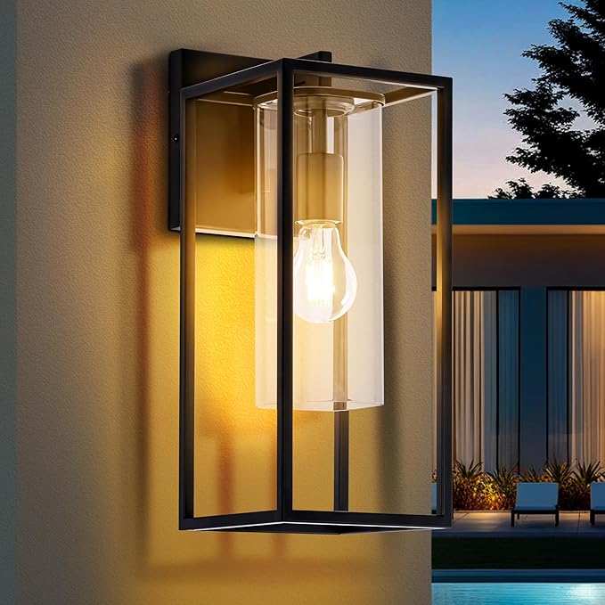 15.7 Inch Outdoor Wall Lights, Black Outdoor Wall Lantern with Square Clear Glass Shade, Waterproof Exterior Lighting Fixtures, Modern Front Porch Lighting for House, Garage, E26 Base, ETL Listed