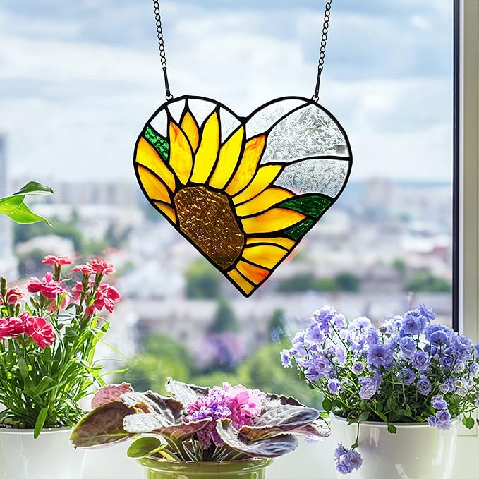BOXCASA Sunflower Stained Glass Window Hangings,Sunflower Stained Glass Suncatcher,Heart Shape Sunflower Best Teacher Gifts for Women Birthday,Sunflower Decoration for Home Indoor Window