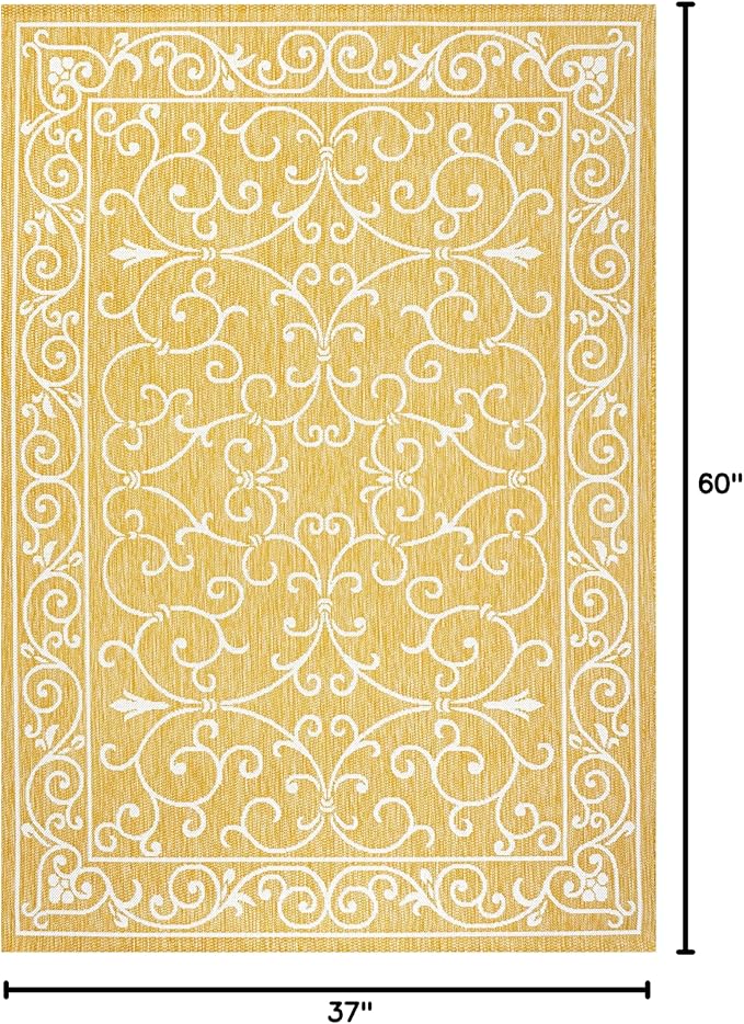 JONATHAN Y SMB106L-3 Charleston Vintage Filigree Textured Weave Indoor Outdoor Area Rug, Classic Traditional Easy-Cleaning,Bedroom,Kitchen,Backyard,Patio,Non Shedding, 3 X 5, Yellow/Cream