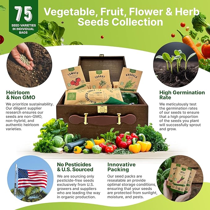 75 Herb & Vegetable Seeds Variety Pack, Garden Seed Starter Kit - Over 47,380 Non-GMO Heirloom Seeds for Planting Vegetables and Herbs Garden Seeds Gift Seed Box with Gardening Supplies, Survival Kit