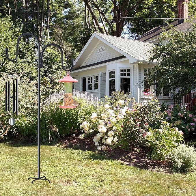 Double Shepherds Hook for Outdoor,94 Inch Bird Feeder Pole with 5 Prongs Base,Adjustable Heavy Duty Garden Hanging Holder for Hanging Plant,Solar Light,Weddings Decor,Hummingbird Feeder(1 Pack)