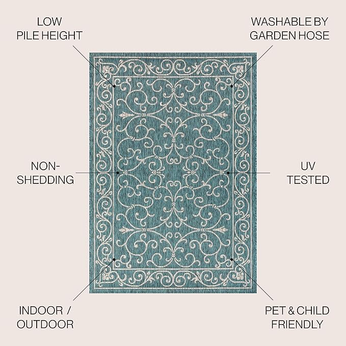 JONATHAN Y SMB106F-8SQ Charleston Vintage Filigree Textured Weave Teal/Gray 8' Square Indoor/Outdoor Area Rug, Pet Friendly, Non-Shedding, Stain Resistant, Easy-Cleaning for Backyard, Patio, Porch