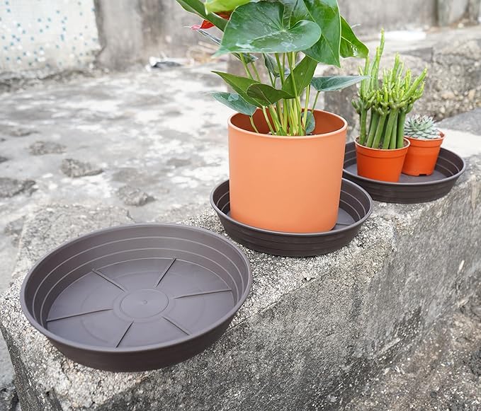 Plant Saucer 8 Inch 4 Pack 6 8 10 12 14 16 18 20 25, Plastic Plant Trays for Pots,Extra-Deep Plant Water Dray Tray, Bird Bath Bowl, Heavy Flower Plant saucers Indoors and Outdoor No Holes 8in-4 brown