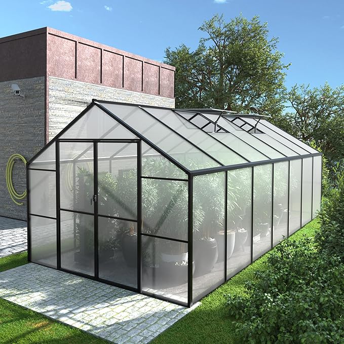 8x14 FT Green House for Outdoor, Polycarbonate Aluminum Walk-in Greenhouse Kit with Lockable Door and Adjustable Roof Vents, Backyard Garden in Winter, Gray