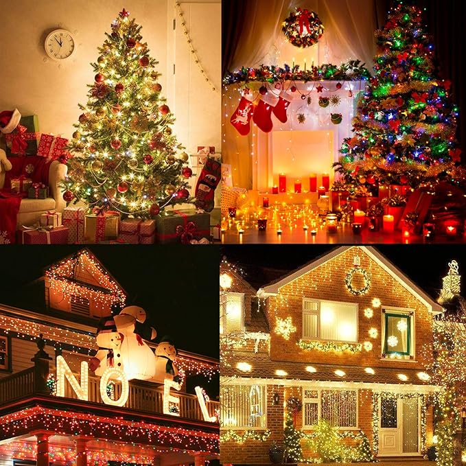 Decute 300LED Christmas Tree String Lights Outdoor Indoor 108FT Extendable, 11 Modes 4 Colors Changing Twinkle Fairy Lights with Timer Remote for Party Decor, Warm White & 3 Multicolors