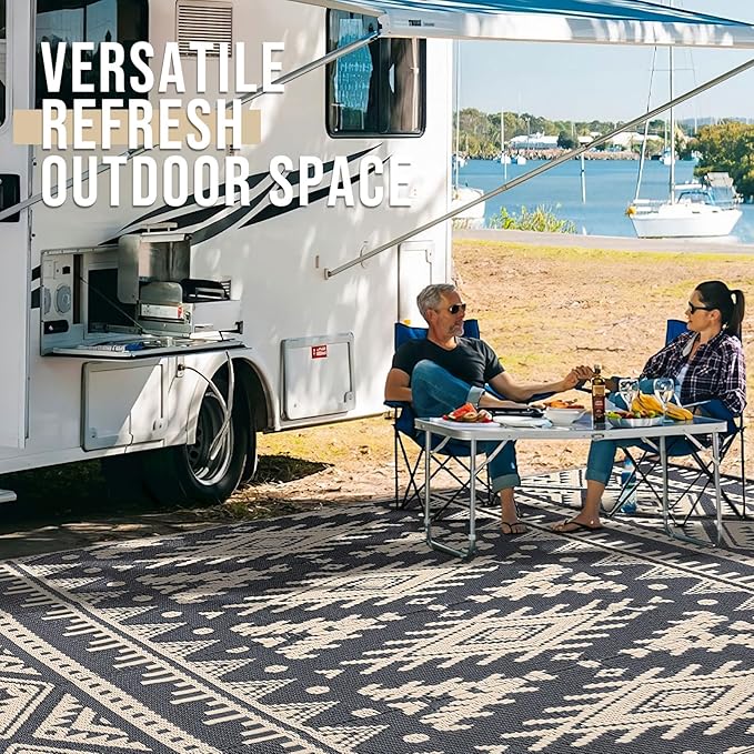 OLANLY Outdoor Rug Waterproof 6x9 ft, Reversible Outdoor Plastic Straw Rug, Boho Patio Rug, Indoor Outdoor Carpet, RV Mat Outside for Patio, Camp, Picnic, Balcony, Deck, Backyard, Black & Beige