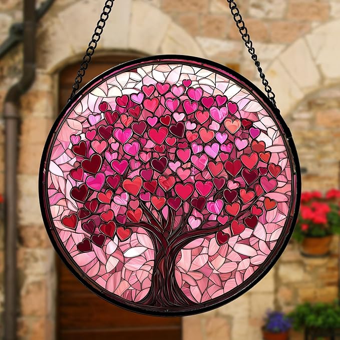 Stained Glass Window Hanging, Pink Love Tree of Life Sun Catchers Colorful Glass Panel Suncatcher Decor for Birthday for Women, Men, Wife, Lovers, and Mom 11.8x11.8 in