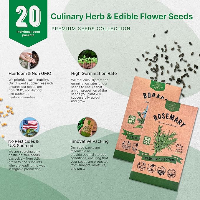 Organo Republic 20 Culinary Herbs & Edible Flower Seeds Variety Pack for Planting Indoor & Outdoor. 9500+ Non-GMO Heirloom Flower Garden Seeds: Basil, Borage, Echinacea, Lavender, Oregano & More