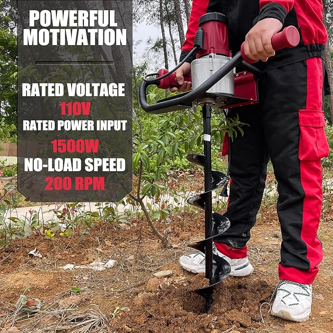 JACKCHEN 1500W Electric Post-Hole Digger with 6-Inch Auger Bit, Earth Auger Drill, Auger Bit Earth Auger, Ideal for Post Hole Digging, Drilling, Tree Planting, Red