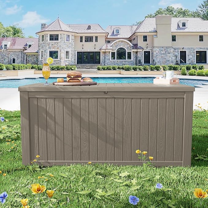 152 Gallon Deck Box Waterproof, UV Resistant Resin Outdoor Storage Box with Hydraulic Rod, Lockable Design and Enhanced Durability for Patio, Garden, and Poolside Use