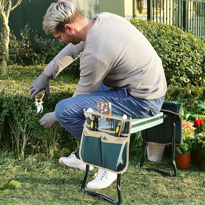 SONGMICS Garden Kneeler and Seat, Multifunctional Garden Kneeling Bench, Gardening Gifts for Women Men, Folding Gardening Stool, with 2 Tool Bags, 6-Inch Wide Kneeling Pad, Dark Green UGGK50L