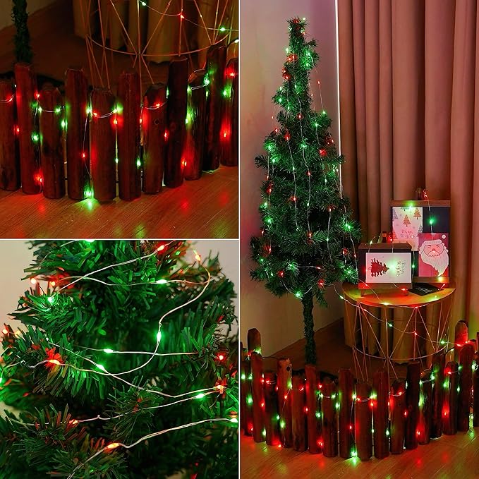 YEGUO Solar Fairy Lights Outdoor Waterproof, 4 Pack Each 33ft 100 LED String Lights, 8 Modes Silver Wire(Green and Red)