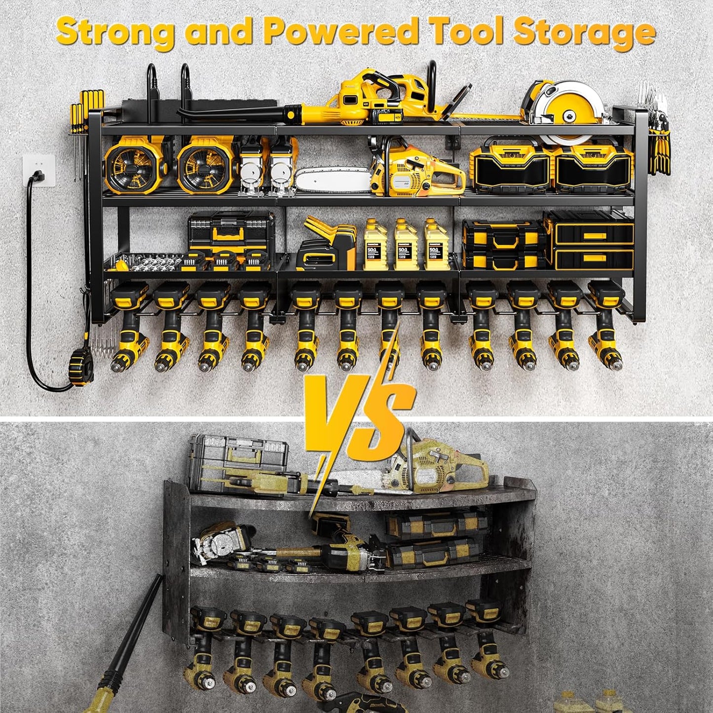 49.5" W Large Power Tool Organizer Wall Mount with Charging Station, 4-Tier Heavy Duty12 Cordless Drills Holder Load 600 lb, Tool Battery Storage Rack Built in 8 Outlet Power Strip for Garage