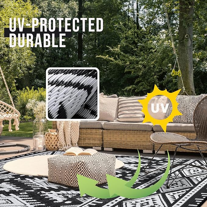 OLANLY Outdoor Rug Waterproof 9x12 ft, Reversible Outdoor Plastic Straw Rug, Boho Patio Rug, Indoor Outdoor Carpet, RV Mat Outside for Patio, Camp, Picnic, Balcony, Deck, Backyard, Black & White