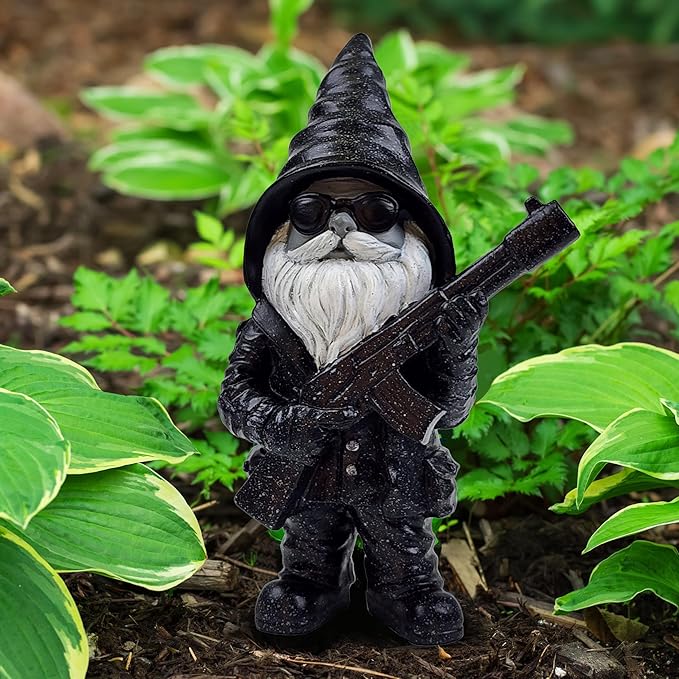 Better Office Products Garden Gnome Statue, 8" Height, Handcrafted Waterproof, UV-Resistant Polyresin Lawn Patio Porch Ornament Decoration (Stone Cold Hitman)