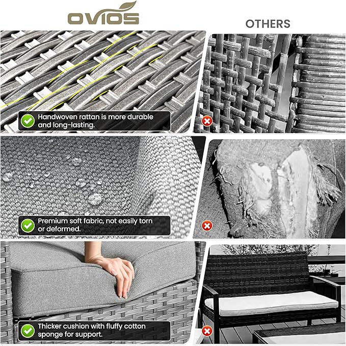ovios 7 Pieces Patio Furniture Set with 42" Fire Pit Table, Outdoor Wicker Sofa with Swivel Chairs, All Weather High Back Rattan Couch Conversation Set, Dark Grey