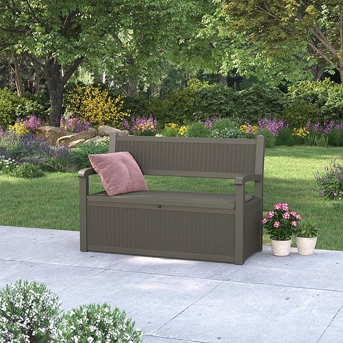 80 Gallon Outdoor Storage Box, Resin Patio Furniture with Armrest, Lockable Deck Box with Waterproof and UV Resistant for Patio Cushions, Garden Tools and Pool Supplies, Grey