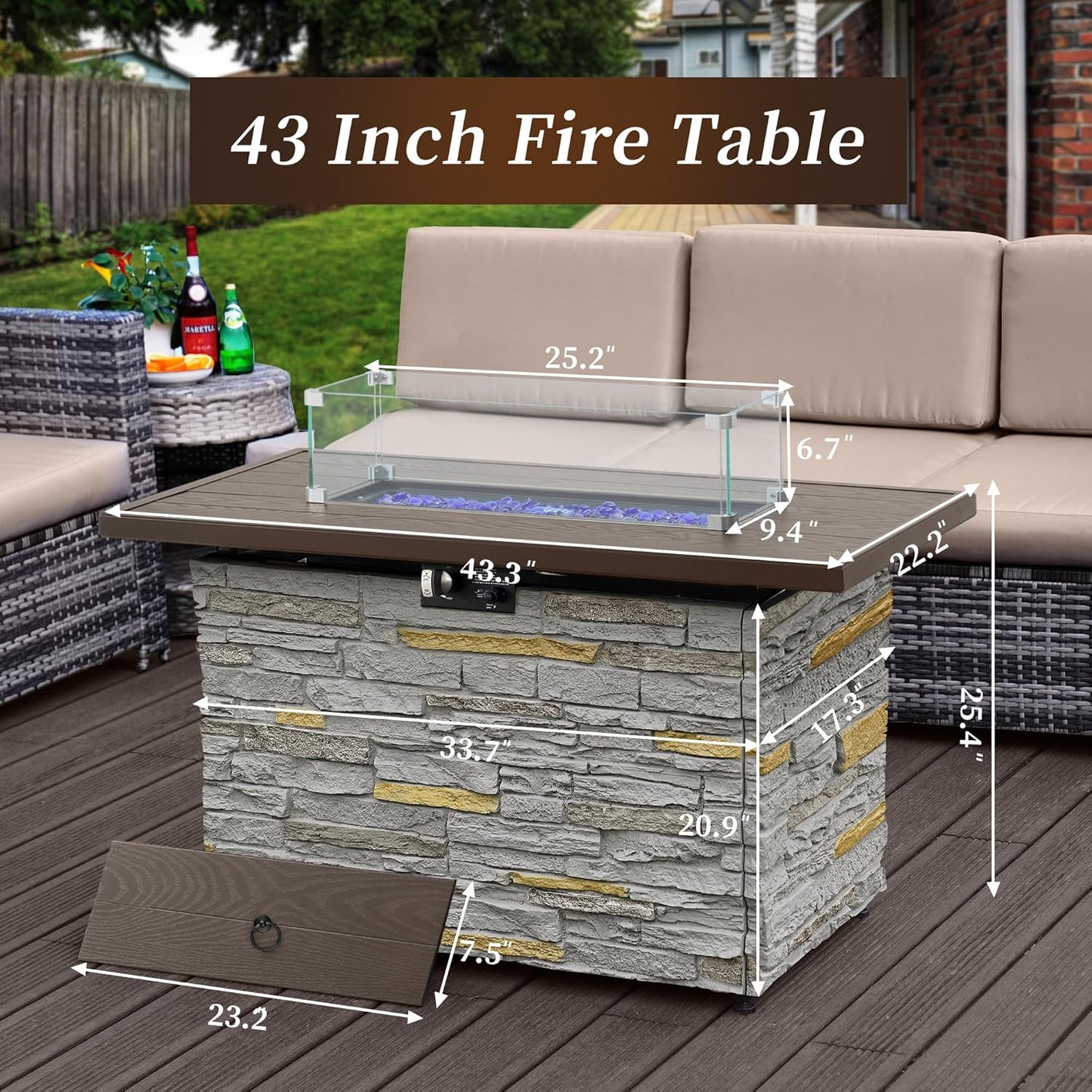 43¡± Propane Fire Pit Table Outdoor Rectangular Stone Firepit Table 50,000 Btu Propane Fire Tables for Outside Patio with Glass Wind Guard, Lid, Fire Glass Beads,Brown Rock Look