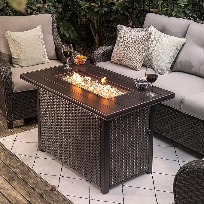 Nuu Garden Outdoor 43 Inch 50,000 BTU Propane Fire Pit Table, CSA Certified Patio Propane Fire Pit with Wind Guard, Lid, Oxford Cover, 7 lbs Glass Stone, Dark Brown