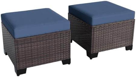 2 Pieces Wicker Ottomans, All Weather Rattan Patio Ottoman by ASJMR