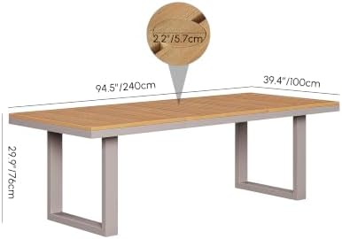 homary 118" Outdoor Dining Table, Teak Top, Light Grey Frame, Umbrella Hole - Image 2