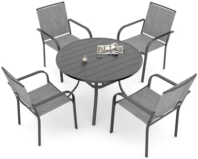 5 Piece Outdoor Patio 41" Round Metal Table and Grey Stackable Chairs Set - Image 2