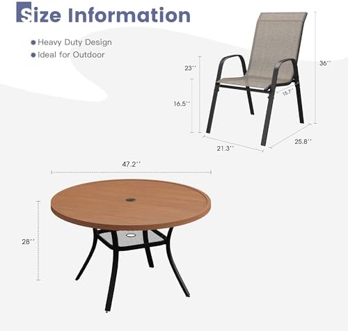 VICLLAX Patio Dining Set, 6 Brown Stackable Chair & 48" Metal Walnut Table - Image 2