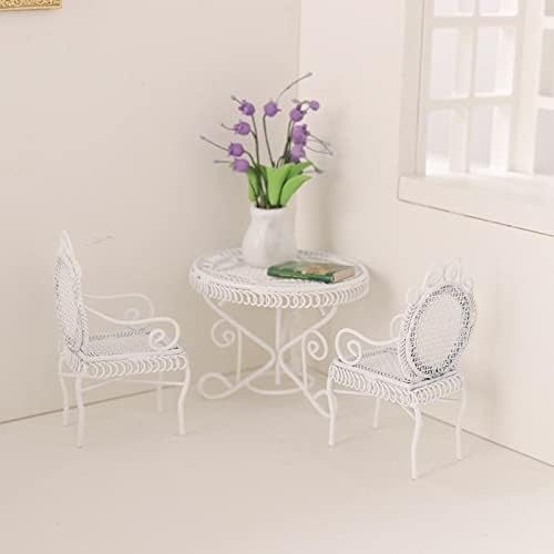 Dollhouse Miniature Bistro Table & Chairs Set Accessories Metal 1:12 Scale Miniatures White Coffee/Tea Furniture Fairy Garden Cute Rustic Elegant Decorations Ornaments (A)