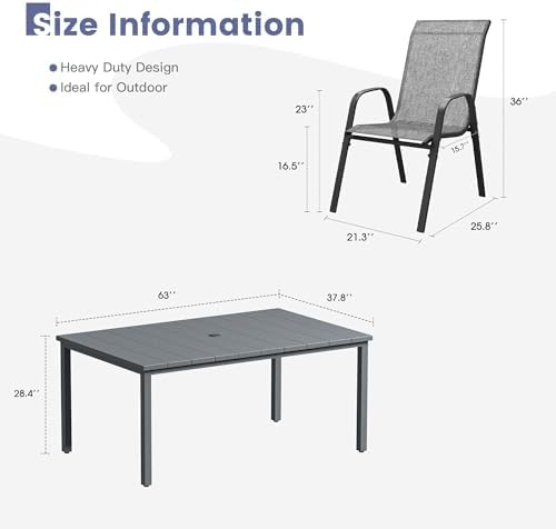 VICLLAX Patio Dining Set, 6 Grey Stackable Chairs & 63" Dark Grey Table - Image 2