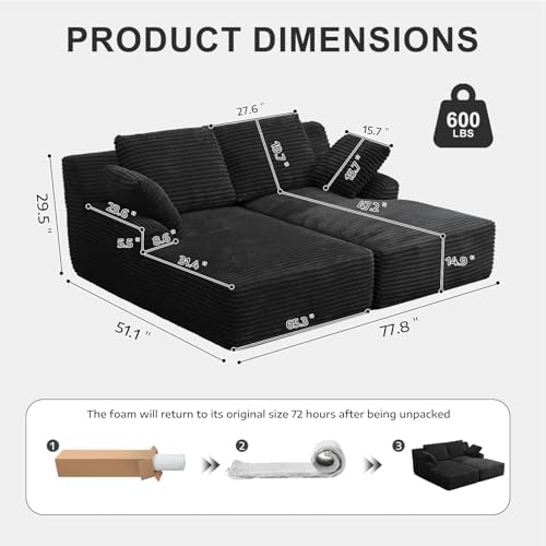 Oversized Chaise Lounge Chair Indoor, Corduroy Upholstered Boneless Sofa Bed - Image 2