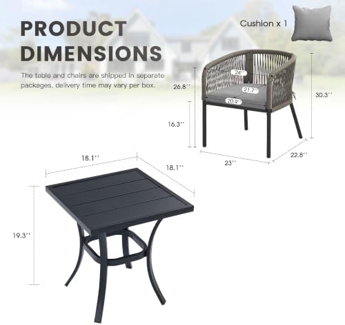Patio Dining Set, 18.1" Square Table & Grey Cushioned Wicker Chairs - Image 2