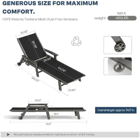 Outdoor HDPE Chaise Lounge Chair, Textilene Pool Lounger - Image 3