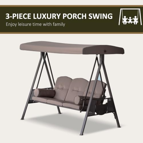Outsunny 3-Seat Patio Swing Chair Adjustable Canopy Brown - Image 6