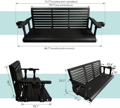 Fortune Candy Wooden Porch Swing 3-Seater, Iron Black, 5.5 FT Extra Large - Image 2