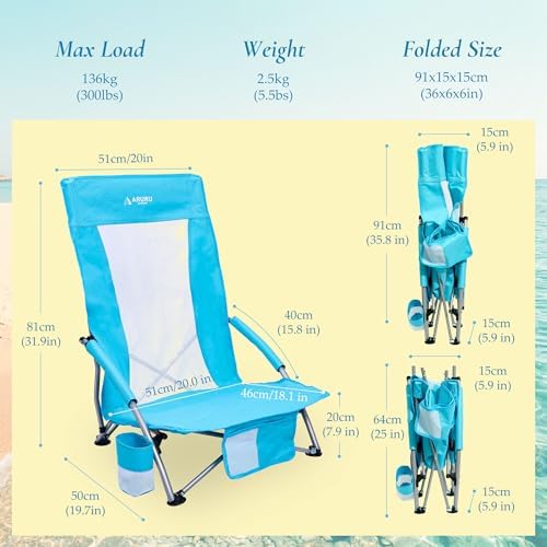 Low Beach Chairs for Adults High Back, Folding Portable Sling Beach Camping - Image 3