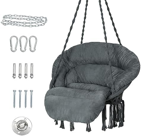 Hammock Chair with Cushion, Handmade Macrame Swing Chair with Hanging Hardware by Bathonly