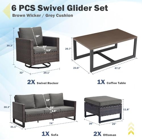 6 Piece Outdoor Furniture Patio Wicker Sofa Set, Oversize Outdoor Swivel Rocker - Image 3