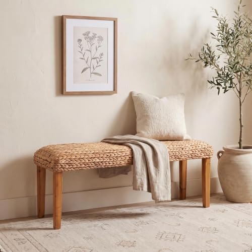 Solid Wood Acacia Indoor Bench, 47 Inch Water Hyacinth Seat, Fishbone Style by AVCONNECT