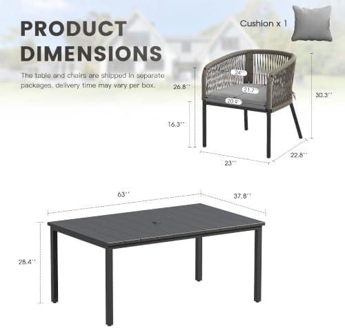 Patio Dining Set, Rectangle Table & Grey Cushioned Wicker Chairs - Image 2
