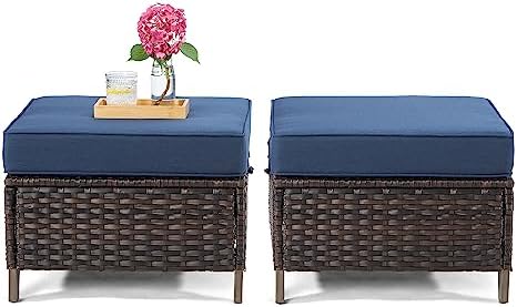 Patio Ottoman Set of 2, All Weather Outdoor Rattan Ottomans Patio Footstools - Image 5