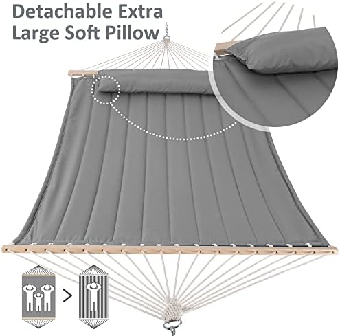 Portable Double Hammock with Hardwood Spreader Bar, Light Gray - Image 3