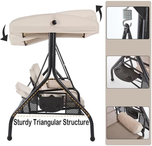 3-Seat Patio Swing with Canopy, Heavy Duty Outdoor Swing Chair with Cup Holders - Image 5