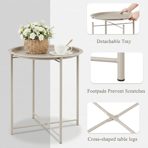 VECELO Side/End Table, Folding Round Metal Anti-Rust and Waterproof Outdoor or - Image 5